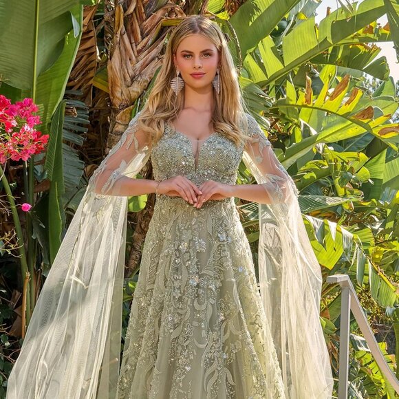 New Rhinestones Embellished Mesh MOB Gown w/ Cape Sleeves & Layered Skirt GL3838 - Picture 8 of 14